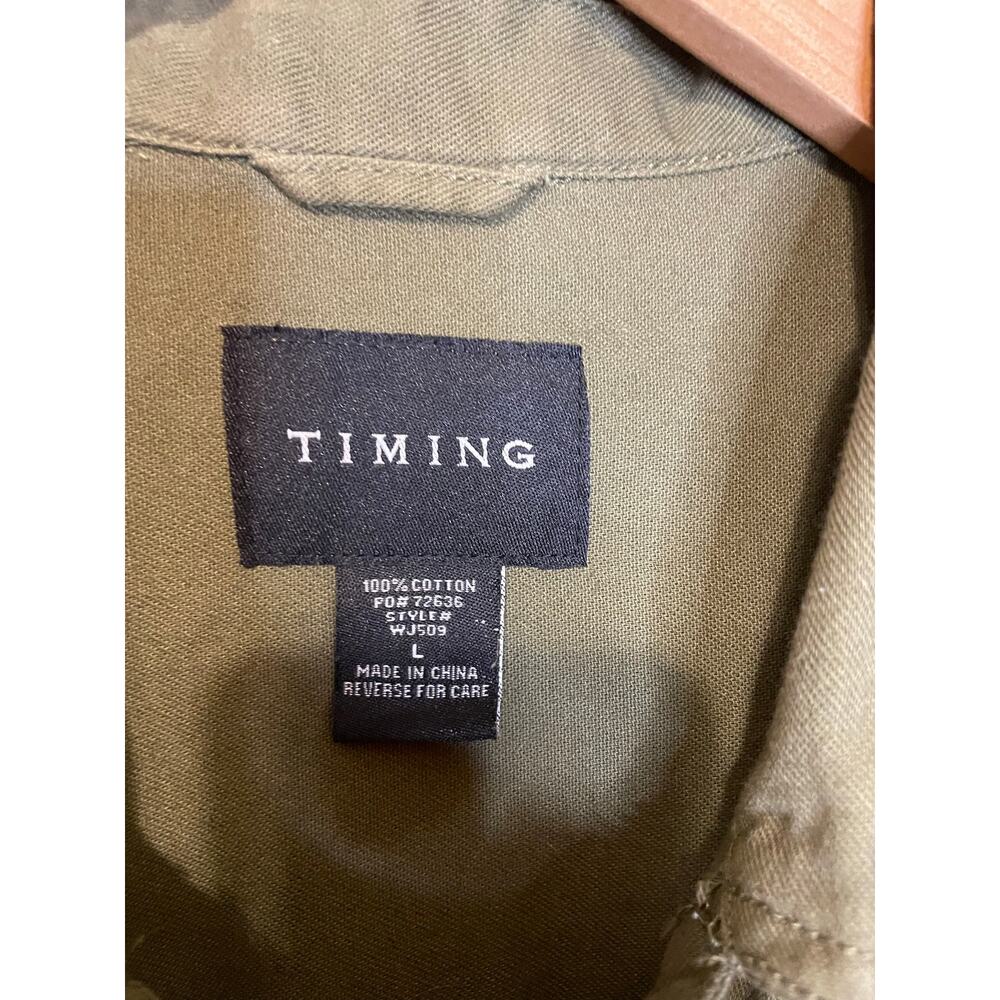 Timing Army Green Cropped Button Up Collared Two Pocket Cotton Utility Jacket Lg - Picture 3 of 11
